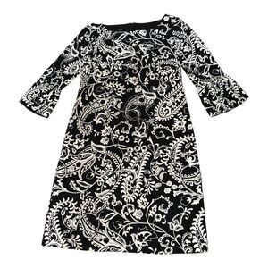 Talbots Paisley Crepe Shift Dress Women's Size 2P Bell Sleeves Black and White